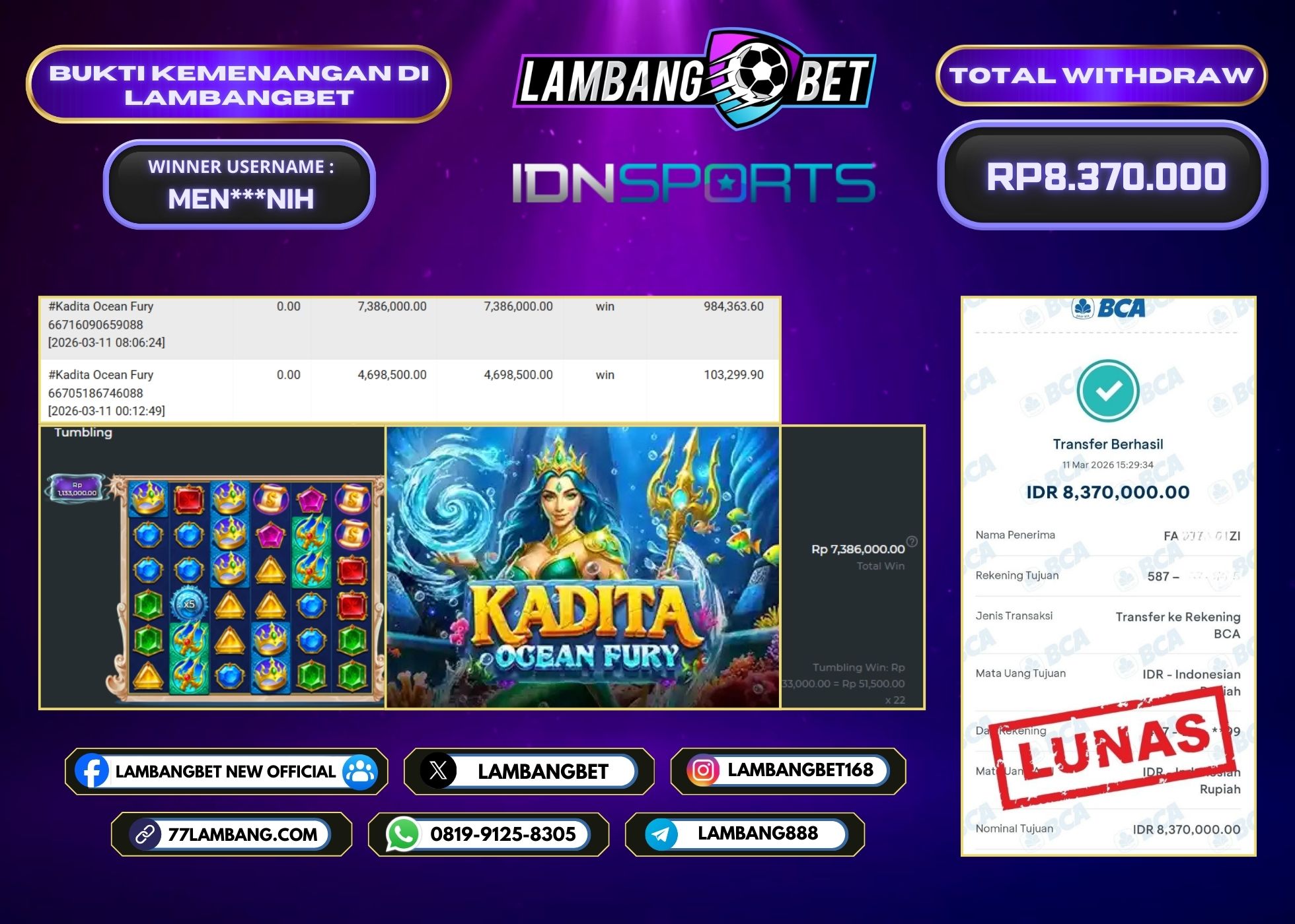 LAMBANGBET [11 MARET 2025] JACKPOT SLOT Kadita Ocean Fury "Rp8.370.000" LUNAS